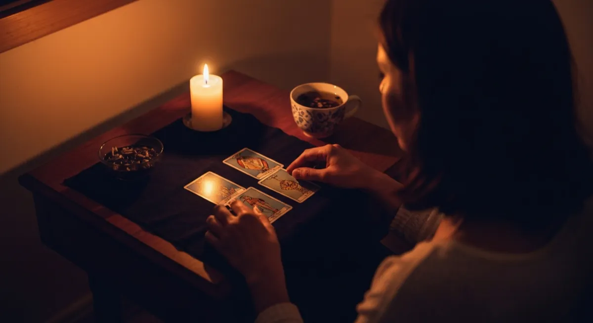 Person sitting alone reading tarot cards for themselves by candlelight
