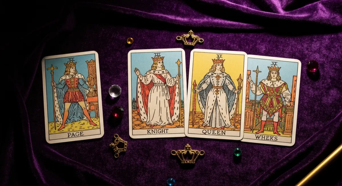 Four tarot court cards arranged in a row on dark velvet with golden crowns