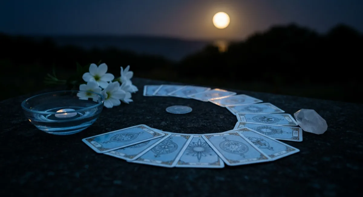 Tarot cards arranged in a crescent shape under a full moon at night