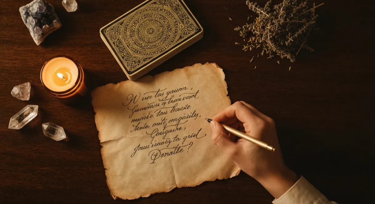 Person writing a question on parchment paper next to a tarot deck and candle