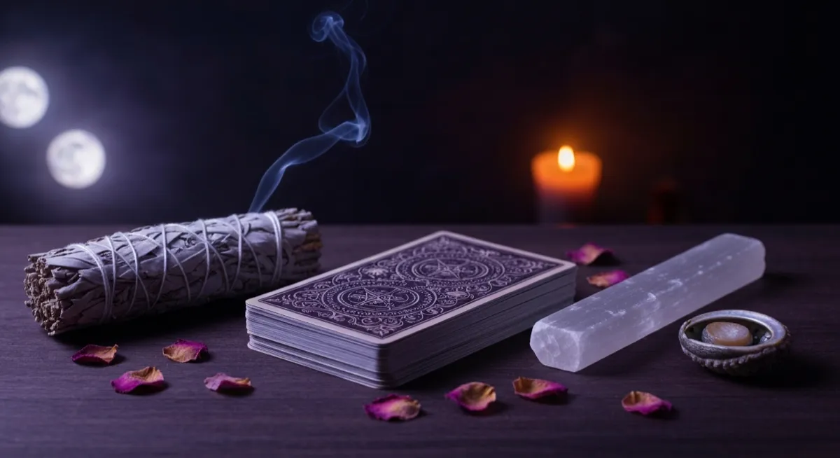 Tarot deck with sage smoke, selenite crystal, and dried roses on dark surface