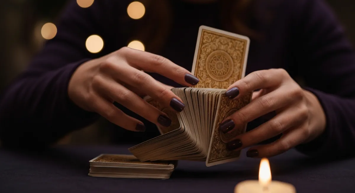 Hands shuffling tarot cards with gold edges against a dark background