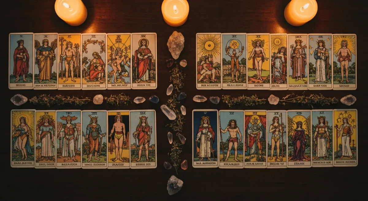 The 22 Major Arcana cards arranged in two rows on dark wood with crystals