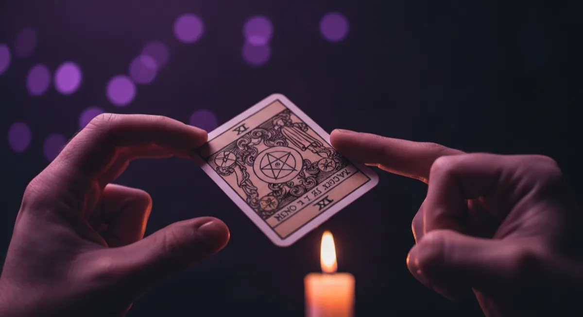 A tarot card held upside down against a dark background with purple bokeh