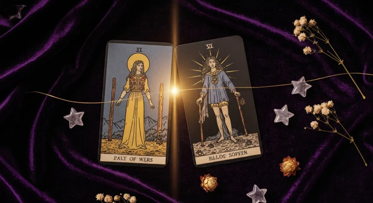 Two tarot cards placed side by side with golden glow where they meet