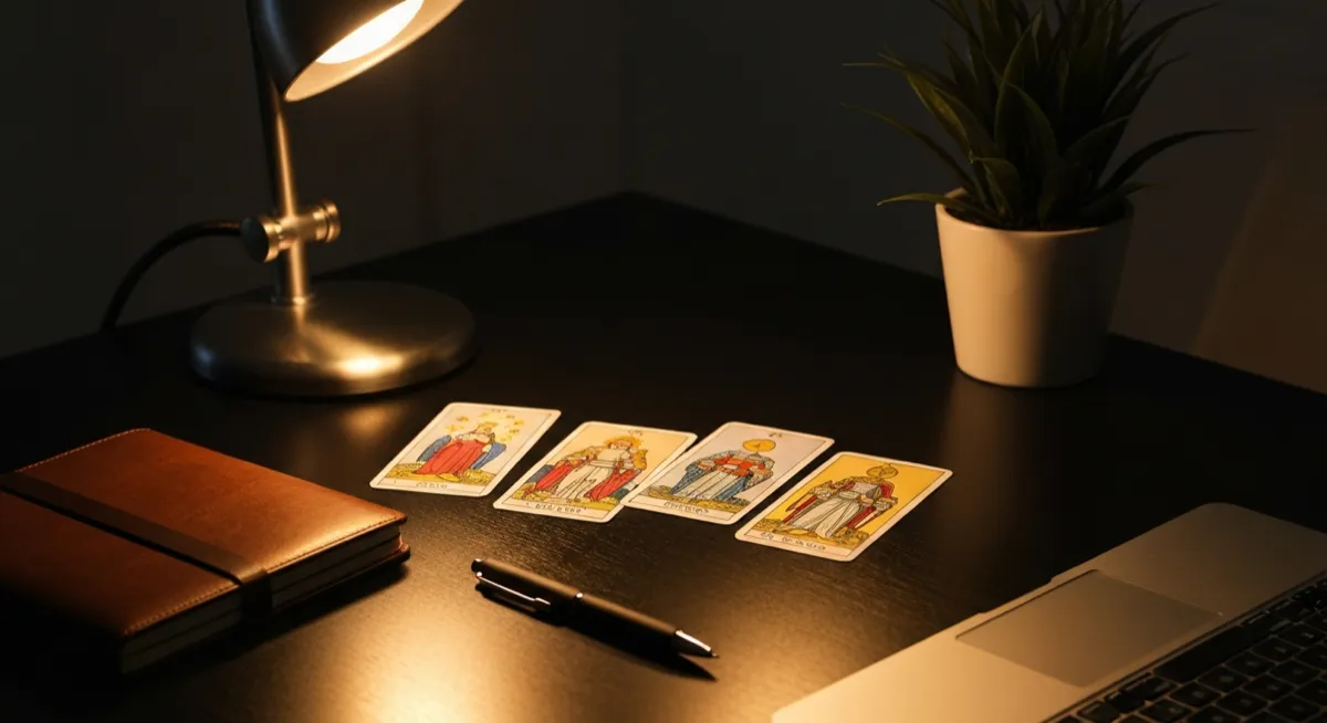 Tarot cards on a professional desk with notebook and laptop