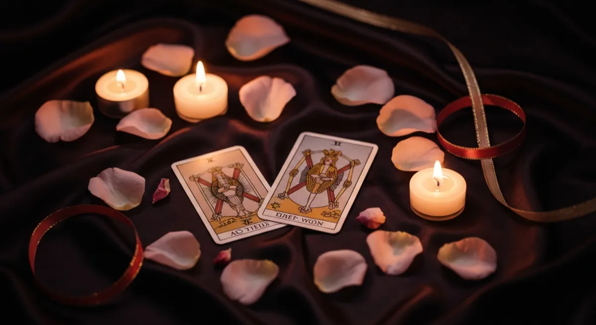 Two tarot cards on dark silk with rose petals and candles in warm light