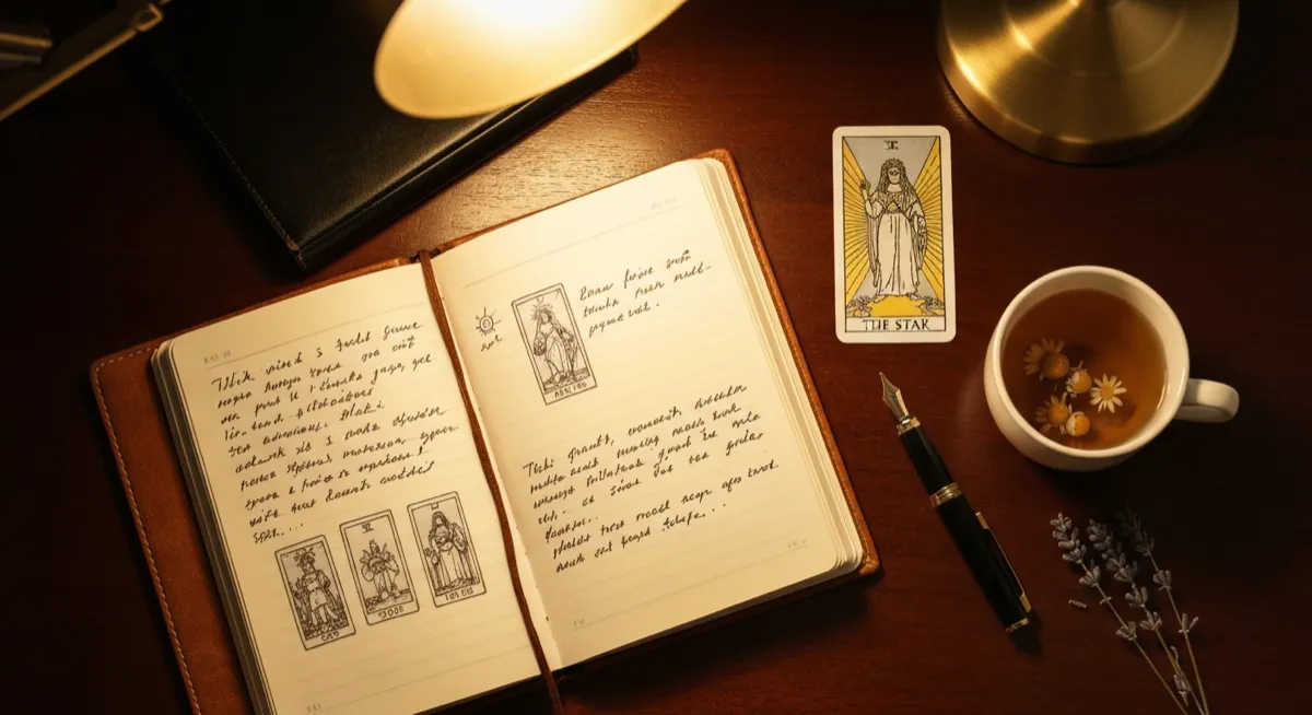 Open leather journal with tarot notes next to The Star card and tea