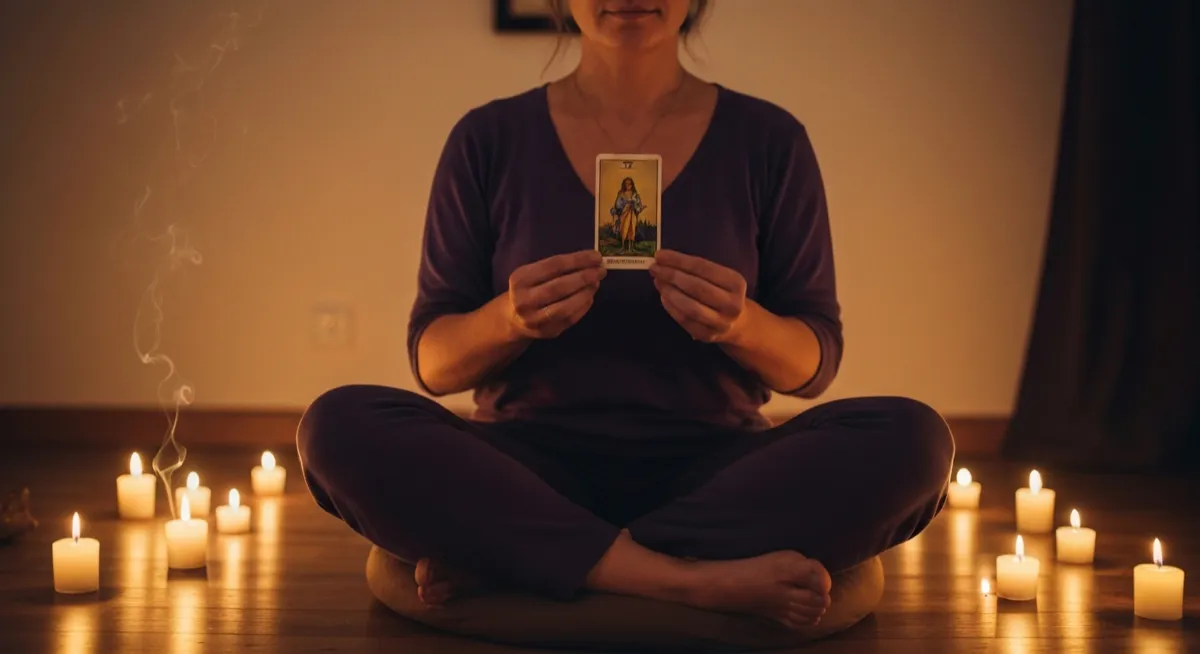 Person meditating with a tarot card held at heart level surrounded by candles