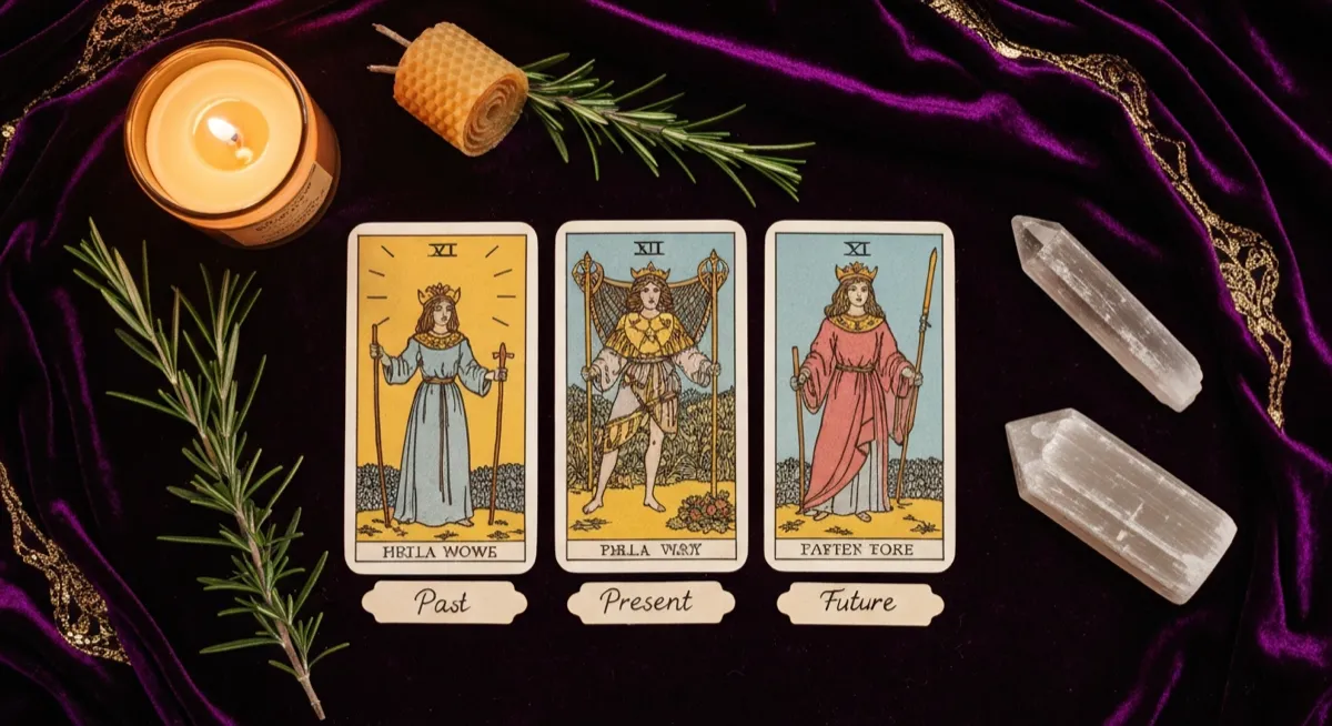 Three tarot cards laid out on dark velvet in a three-card spread with candles