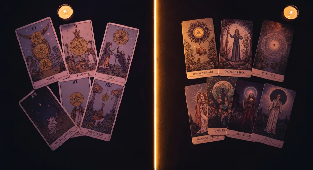 Tarot deck and oracle deck side by side with golden light dividing them