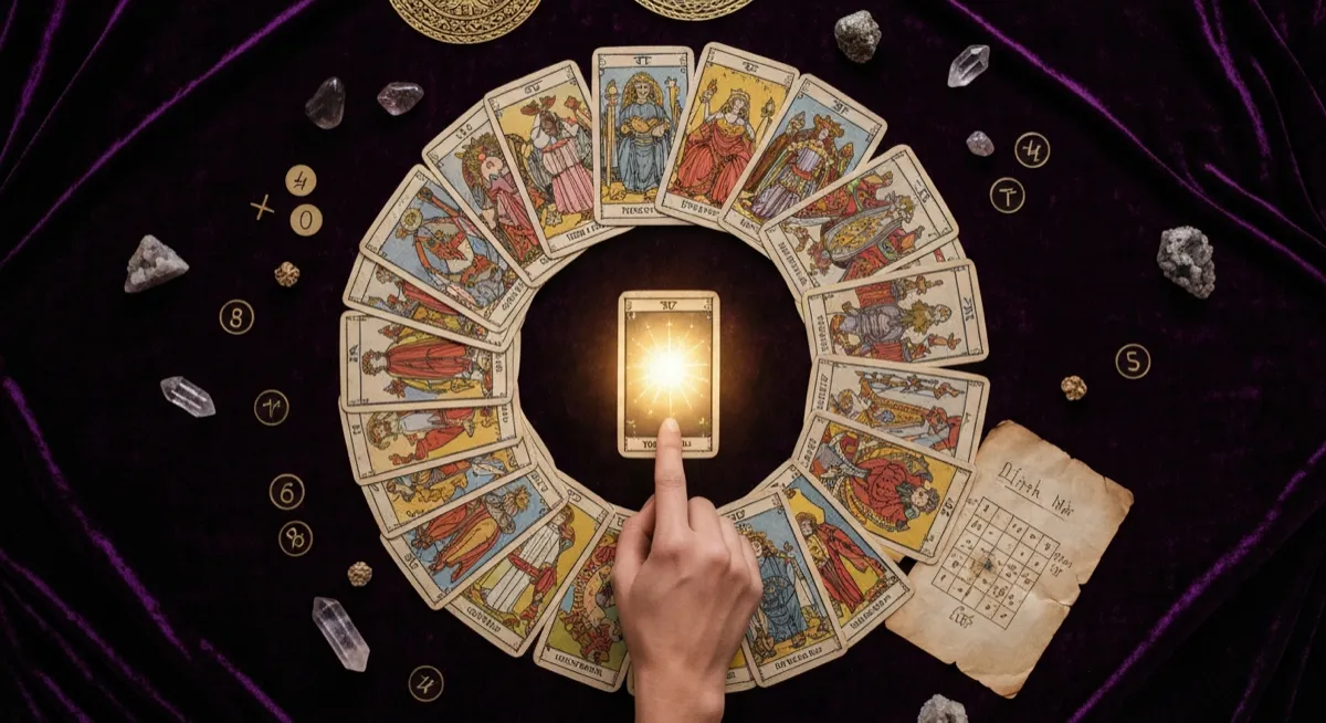 Major Arcana cards fanned in a circle with a finger pointing to one glowing card