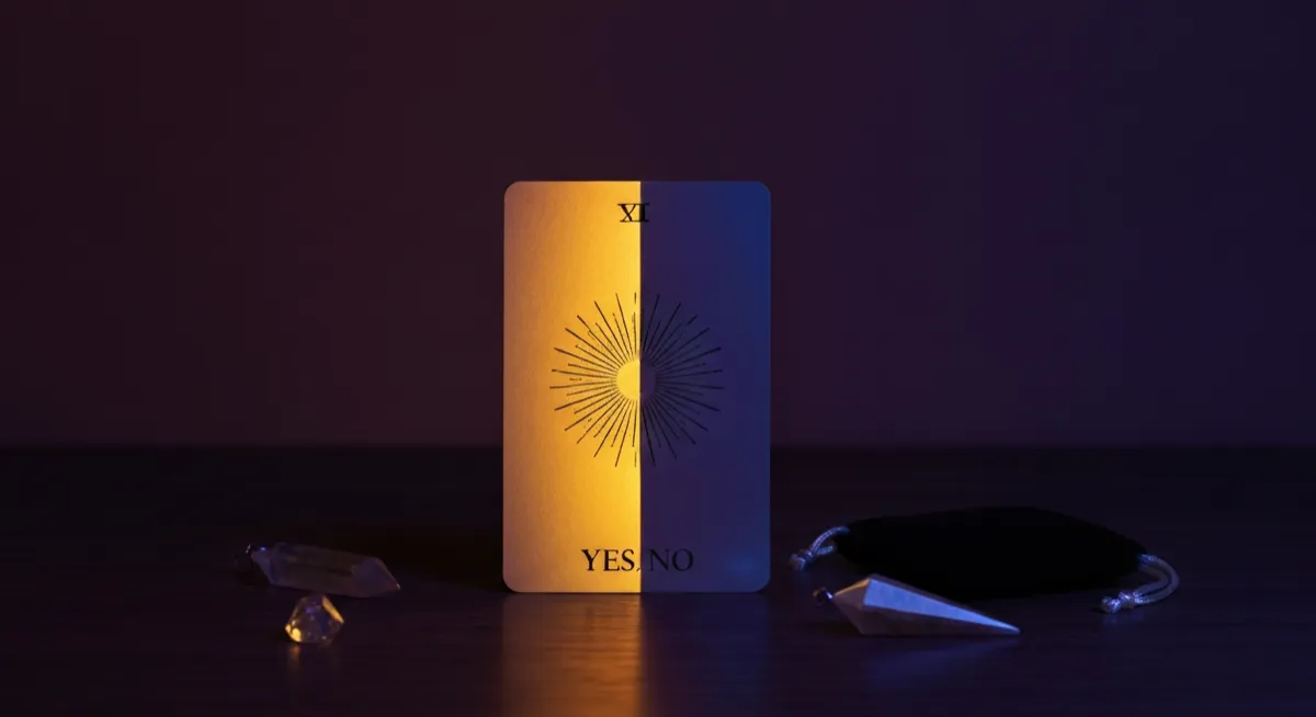 A single tarot card standing on a dark surface with golden and blue lighting